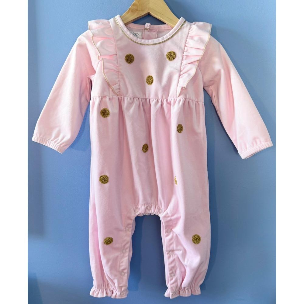 Mud Pie Baby Girl Pink Velour Gold Glitter Polka Dot Ruffle Romper 9-12M